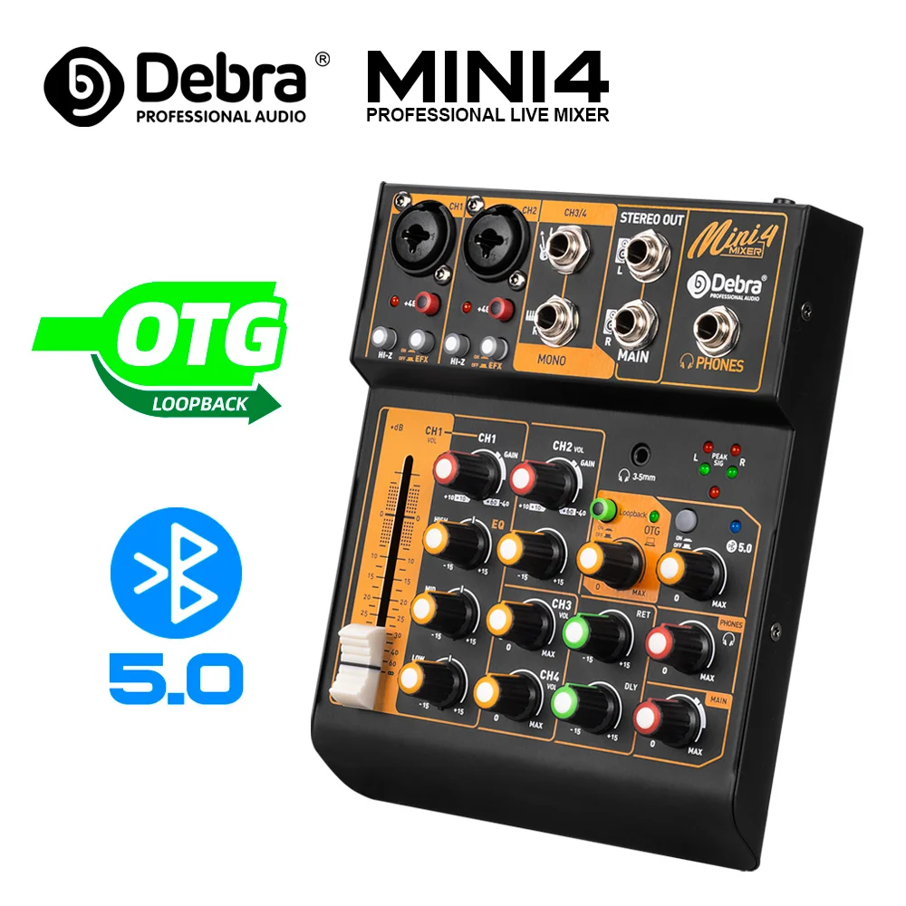 

DJ Console Audio Mixer OTG Interface Mini4 With Bluetooth 48V Power Delay Repaeat Effect For Sound Mixing Console PC Recording