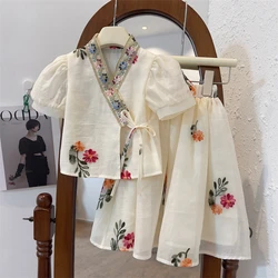 Summer New Chinese Style Set Girl Lace Embroidery Famous Ethnic Style Mesh Top+Skirt 2-Piece Suit Kids Outfits
