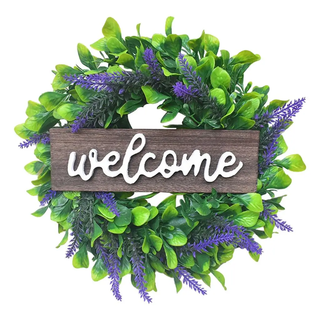 Artificial Lavender Wreath and Welcome Sign for Front Door Home Decor Wooden Hanging Sign for House Entrance Indoor Outdoor