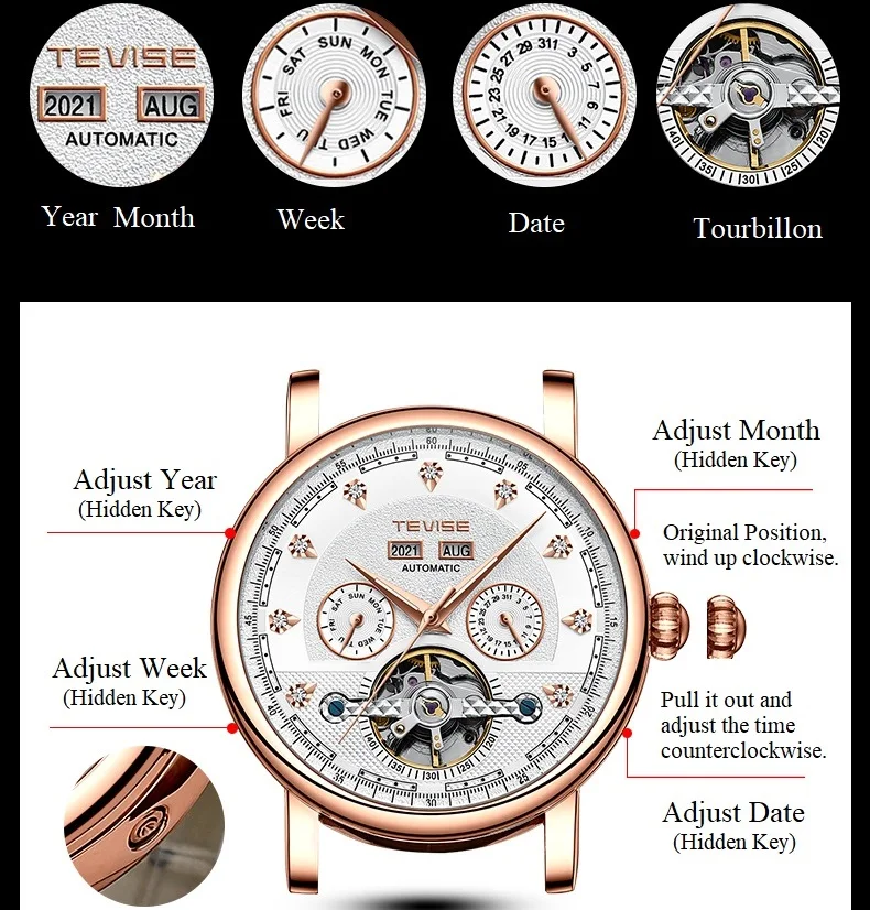 Mechanical Watches Men TEVISE T867C Men Watches 38mm Retro Luxury Automatic Vintage Watch Date Week Luminous Scale Leather 2024