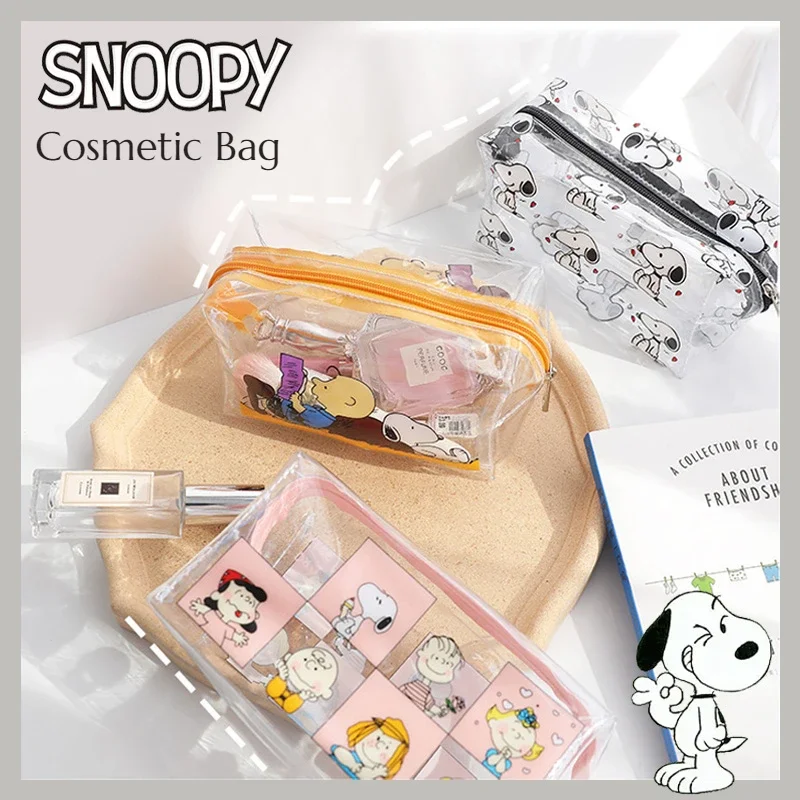 Snoopy-Bolsa de cosméticos transparente de PVC para mujer, estuche de belleza impermeable con cremallera, bolsas de aseo de viaje, estuche de lápices