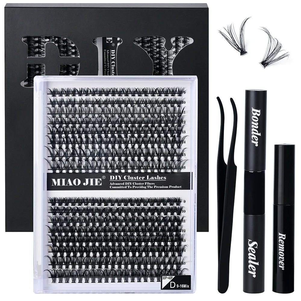 MJ 320PCS 30P 40P DIY Eyelash Extension Kit Individual Lashes Cluster D Curl Mix Lash Clusters with Bond and Seal Lash Extension