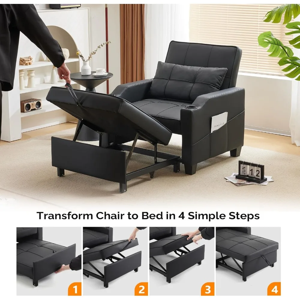 Sofá-cama conversível 3 em 1 ajustável com poltrona reclinável, sofá removível, 2 portas USB, 2 porta-copos, cadeira-cama moderna para estar