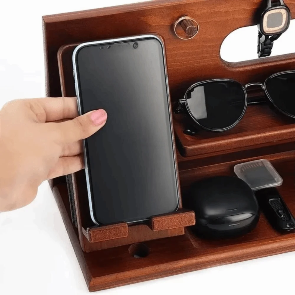 Solid Wood Charging Phone Holder Space Saving Detachable Watch Organizer Stable Groove Design Phone Docking Station