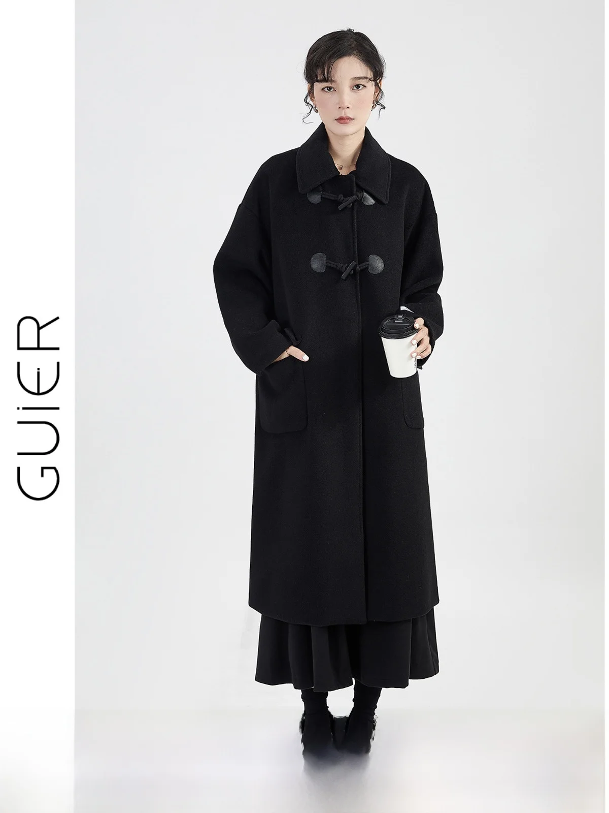 

Guer Selection Comfortable Material mat Luxury Bla Woolen Coat Women's Elegance Tweed Jaet Straight Cut Long Sve