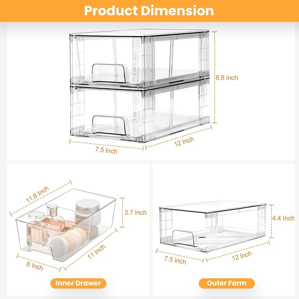 Stackable Storage Drawers with Dividers, Clear Plastic Organizer Bins for Fridge, Pantry, Bathroom, Under Sink - 6 Pack