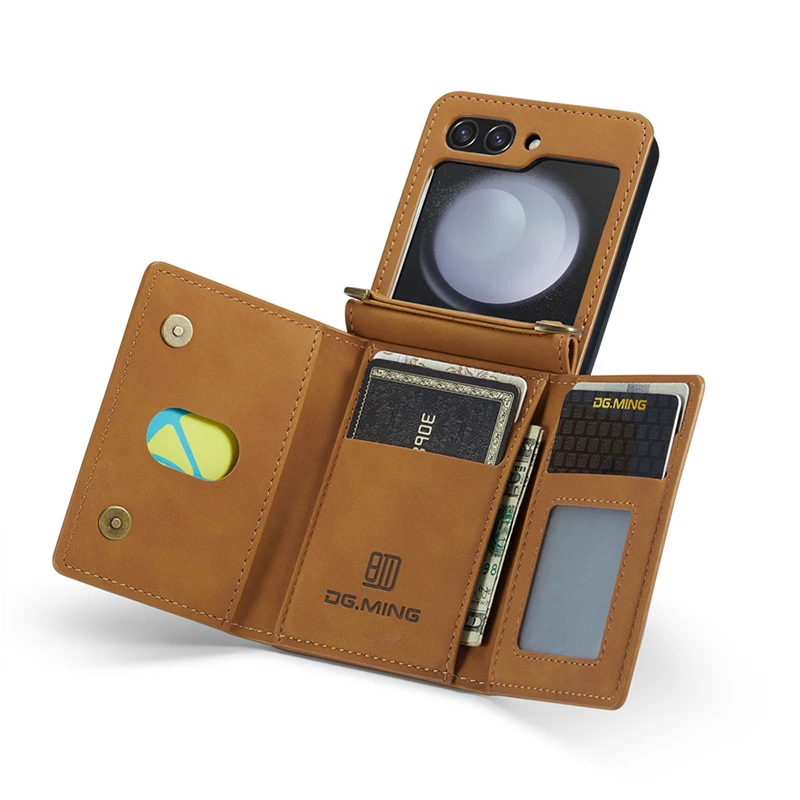 

DG.Ming Wallet Case for Samsung Galaxy Z Flip 6 5 4 3 Retro Leather Magnetic with Trifold Wallet Holder