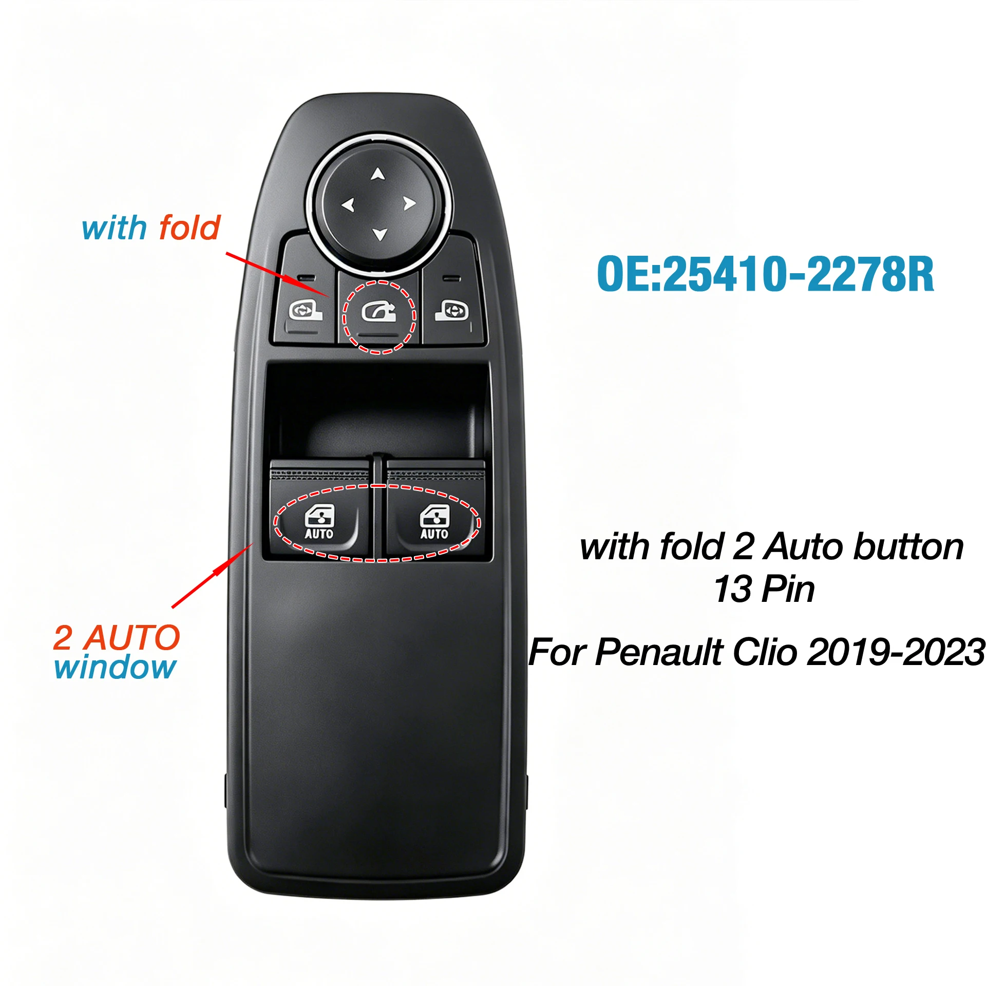 

25410-2278R For Renault Clio Megane Laguna,13Pin Front Left Driver Side Master Electric Power Window Glass Lifter Control Switch