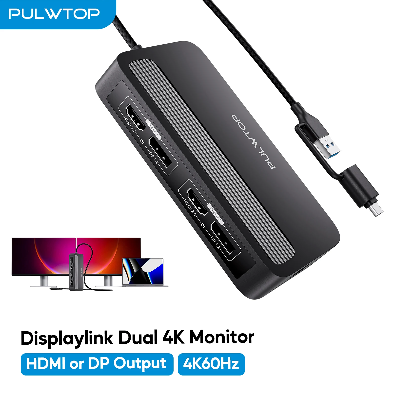 PULWTOP Dual DisplayLink Docking Station with DisplayPort or HDMI, 2 USB A 2.0, Ethernet for MacBook M1/M2/M3/M4/M5/Windows