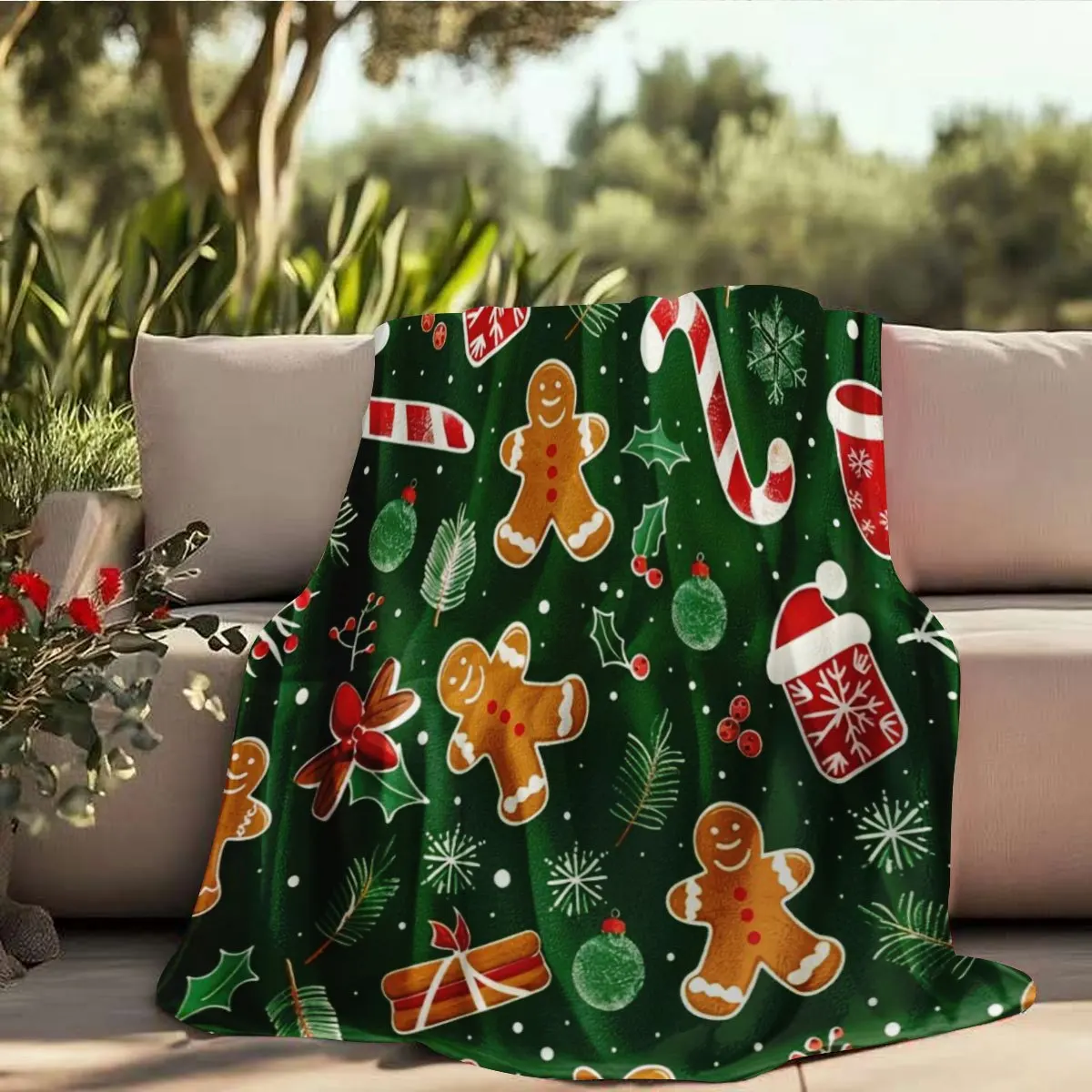1pc Christmas Flannel Blanket with Red, Green, White, and Black Candy Cane and Peppermint Pattern | Cozy Winter Christmas Decora
