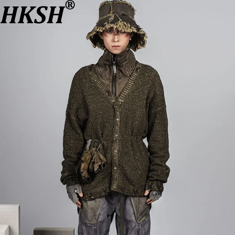 HKSH Spring Autumn New Men Tide Chic Ins Cardigan Women Vintage Cardigan Distressed Knitted Sweater Waste Land Coats Y2K HK26802