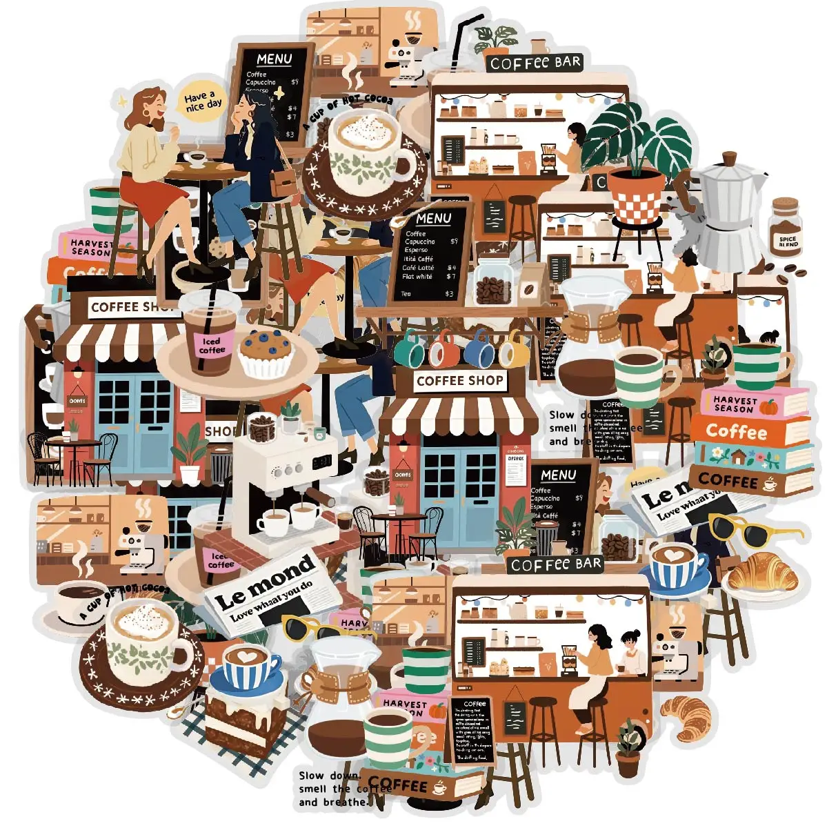 

30pcs Coffee Shop Character Stickers, Perfect for Gift Boxes, Luggage, Room Decor, Journals, Guitars, Albums, Skateboards