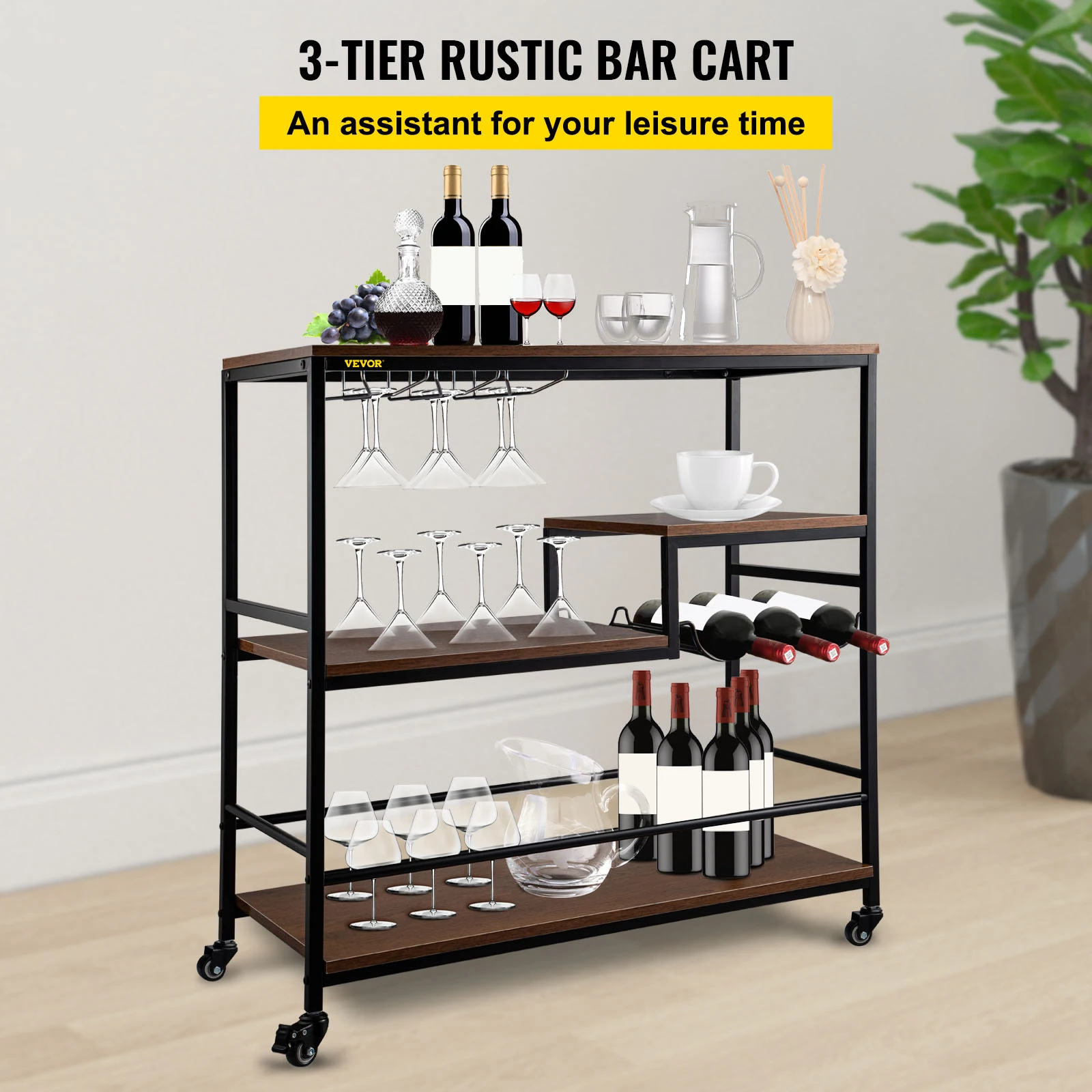 VEVOR 3-Tier Bar Wine Rack Serving Cart on Wheels Commercial Kitchen Food Truck Serving Buffet Sideboard Rack Glass Holder Home