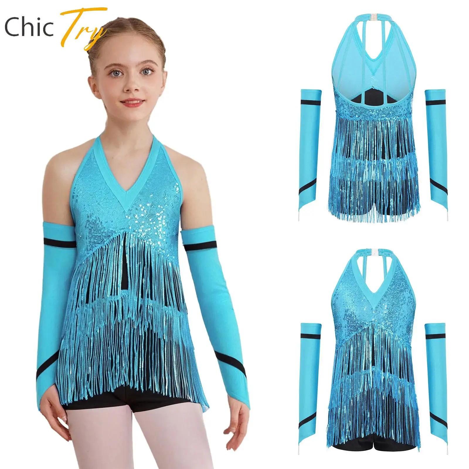 

Kids Girl Gymnastics Latin Jazz Dance Performance Costume Halter Sleeveless Shiny Sequins Leotard with Gloves for Dance Party