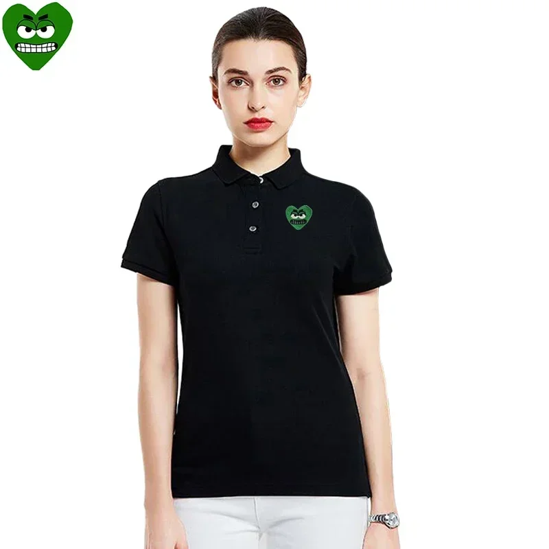 Break Egg Women POLO Shirt Cotton Cartoon Cute Snag Heart Embroidery Short Sleeve Straight Lady Summer Solid POLO Shirt