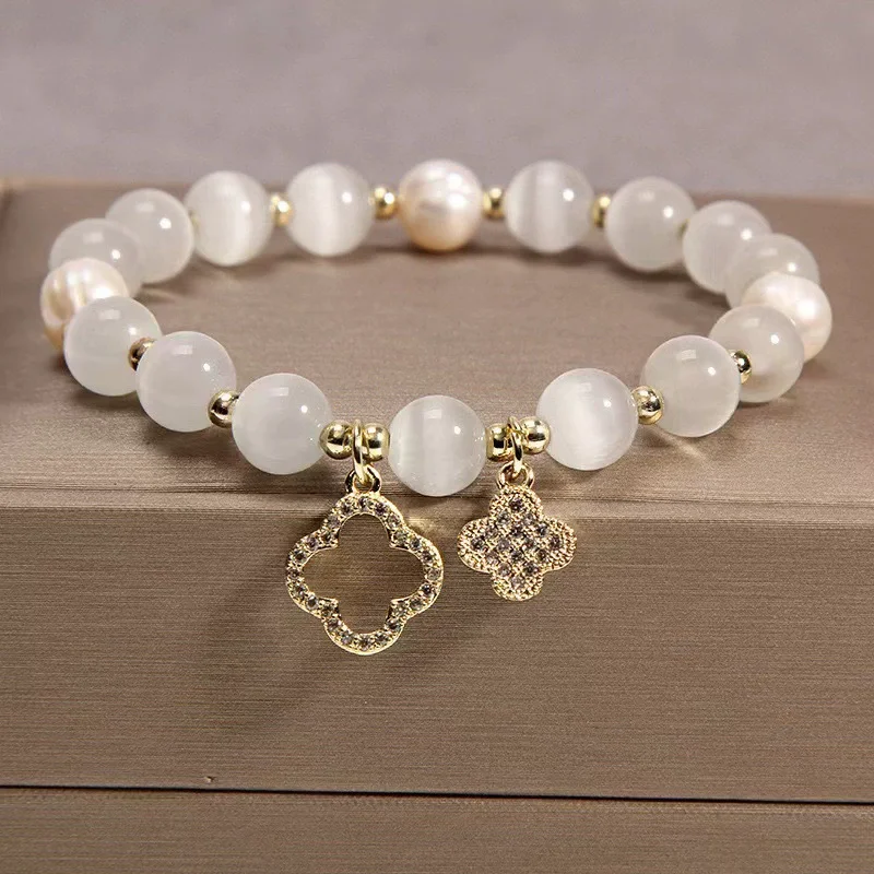Fashion Zircon Bracelet for Women Elastic Cat's Eye Stone Bracelet Pearl Elastic Bracelets Fashion Jewelry Charm Gift