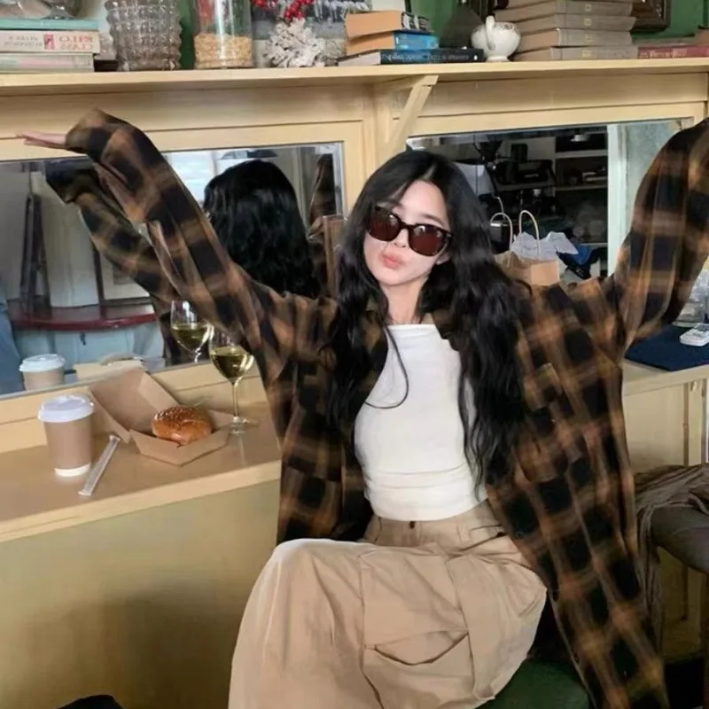 Spring Autumn Women Chic Brown Plaid Shirt Long Sleeve Blouse Y2K Streetwear Checkered Shirts Casual Retro Outerwear Female Tops