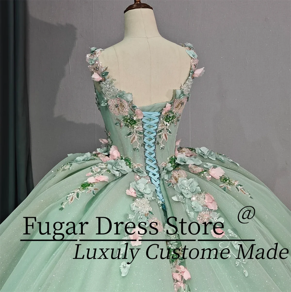 Robe de Quinceanera verte personnalisée, fleurs 3D, décorations de perles scintillantes, robes de bal à lacets dans le dos, 15 quinceañera
