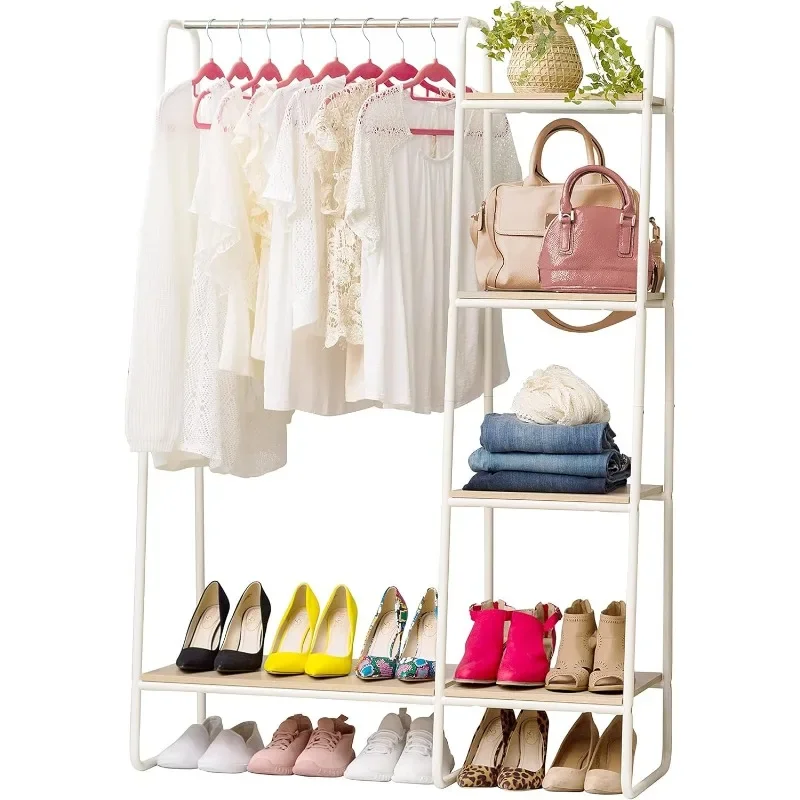 USA Clothes Rack for Hanging Clothes with 4 Wood Shelves, Freestanding Clothing Rack, Easy to Assemble Garment Rack