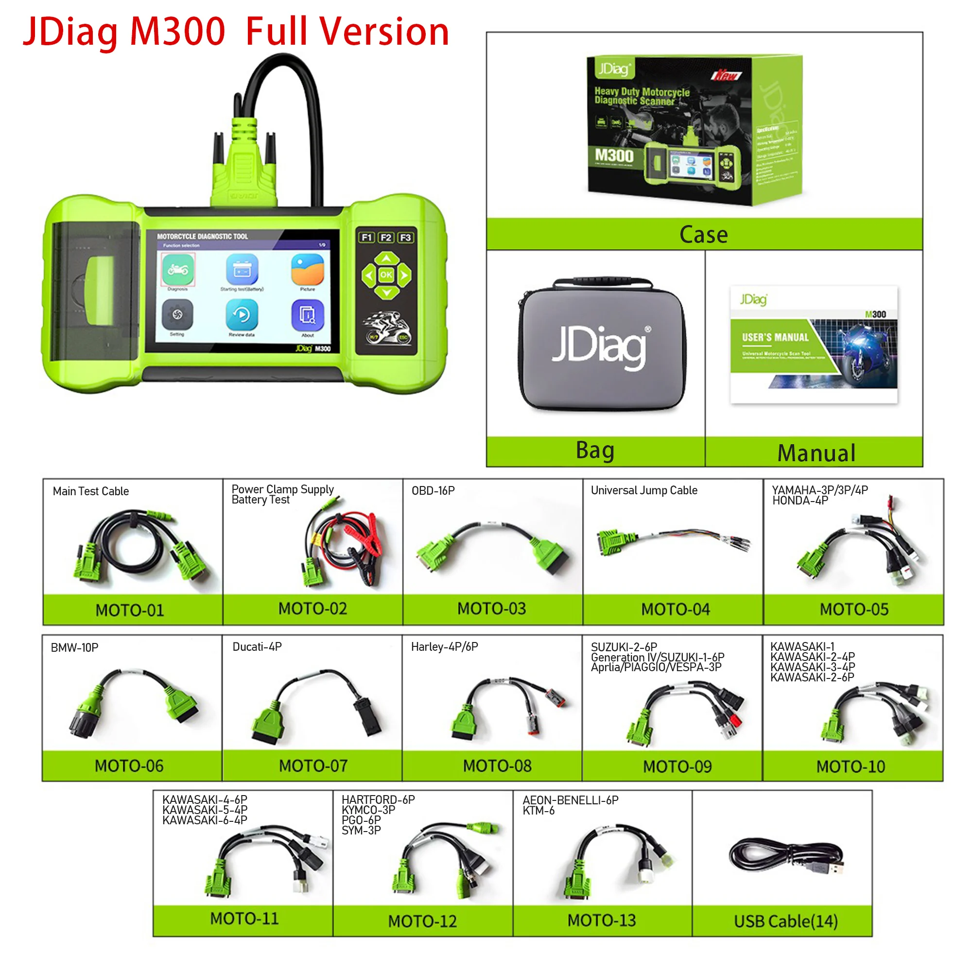 JDiag M300 OBDⅡ Professional Motorcycle Diagnostic Scanner Car Battery Tester Motorcycle Fault Code Reader Tools Support Print