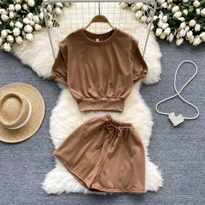 Korean style minimalist round neck bubble sleeve waist cinching short pullover top+high waist versatile wide leg short set