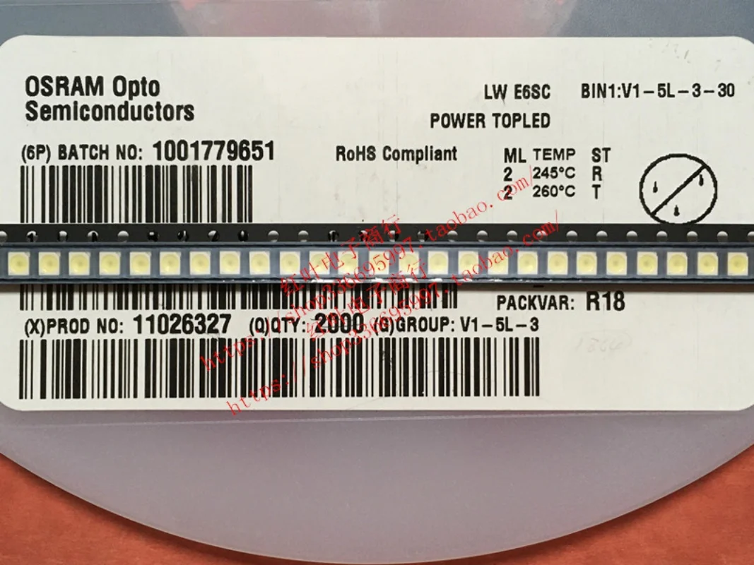 Parche LWE6SC 100 de 3528 piezas/OSRAM, cuentas LED de luz blanca positiva común, 4 Patas, 3 negativos, 1 positivo, 6500K