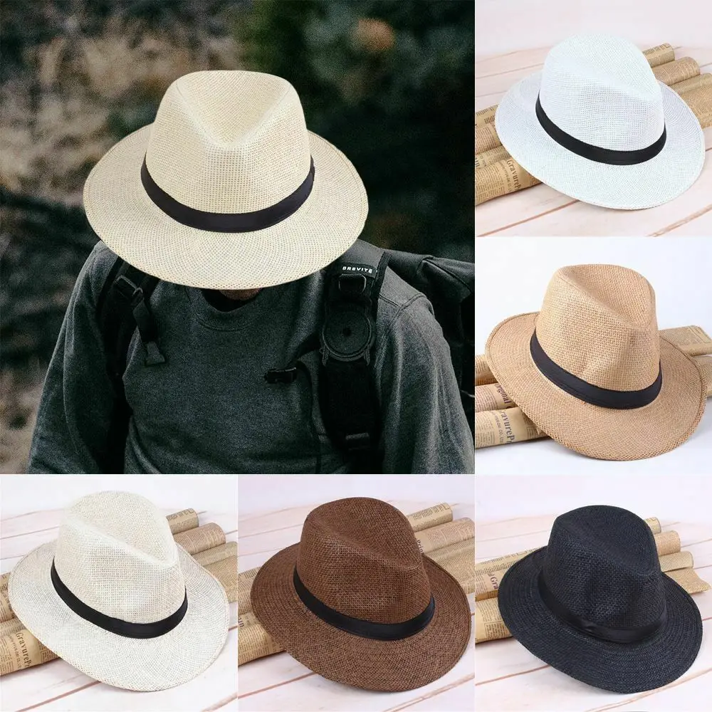 Summer Straw Fedora Sun Hat Men Panama Cowboy Cap Crushable Ladies Travel Outdoor Sun Protection Sun Hat Middle-aged And Elderly