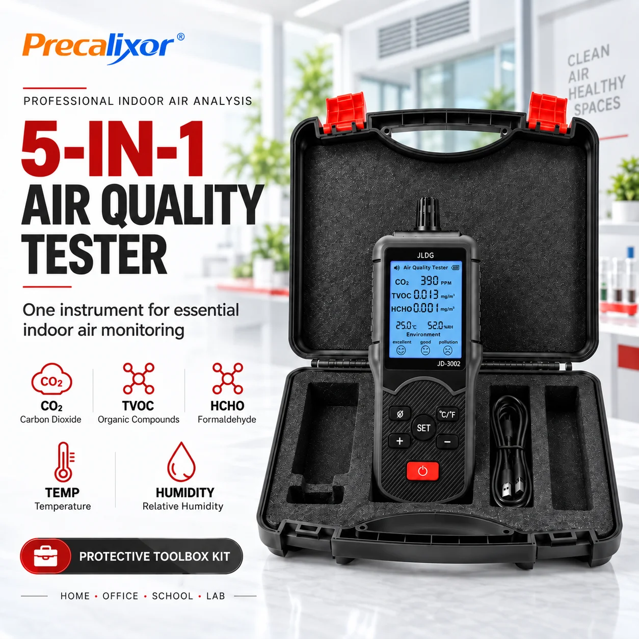 Formaldehyde Detector, CO2, TVOC, HCHO Air Quality Tester, Temperature & Humidity Monitor, 2000ppm, 2.000 mg/m³, 1.000 mg/m³