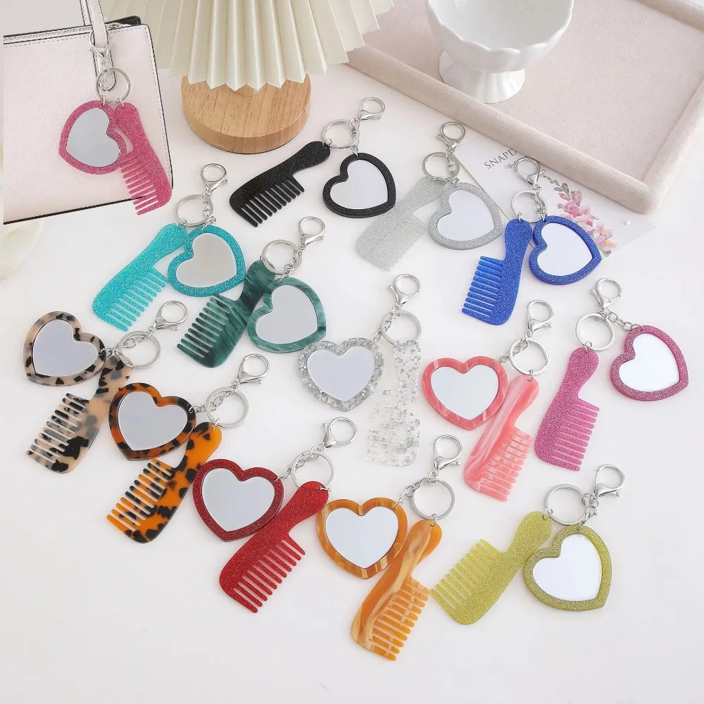 Sparkling Powder Love Makeup Mirror Keychain Car Keychain Bag Pendant DIY Car Pendant Accessories Women's Gift Wholesale
