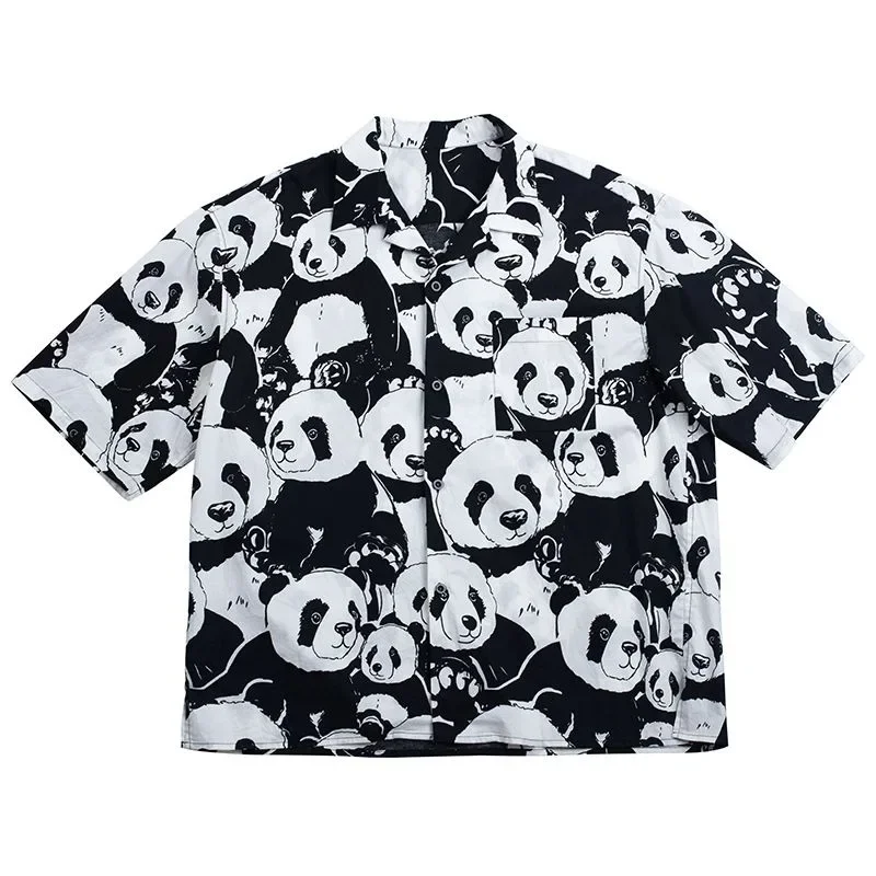 2024 New Fashion Hawaii Beach Shirts Blouse for Men Funny Cute Panda Cartoon Graphic Y2K Tops Short Sleeve Loose Oversized Blusa