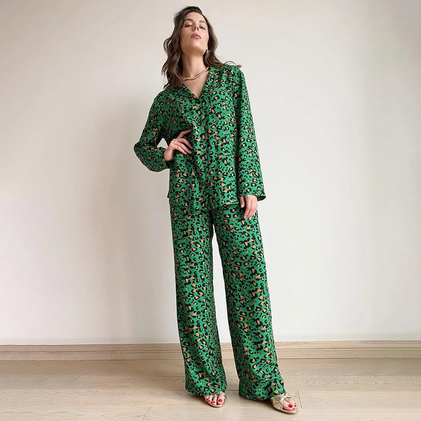 HiLoc Pajama Set Casual Leopard Print Pants Suits Pajamas For Women Long Sleeve Sleepwear Summer Wide Leg Pants Two Piece Sets