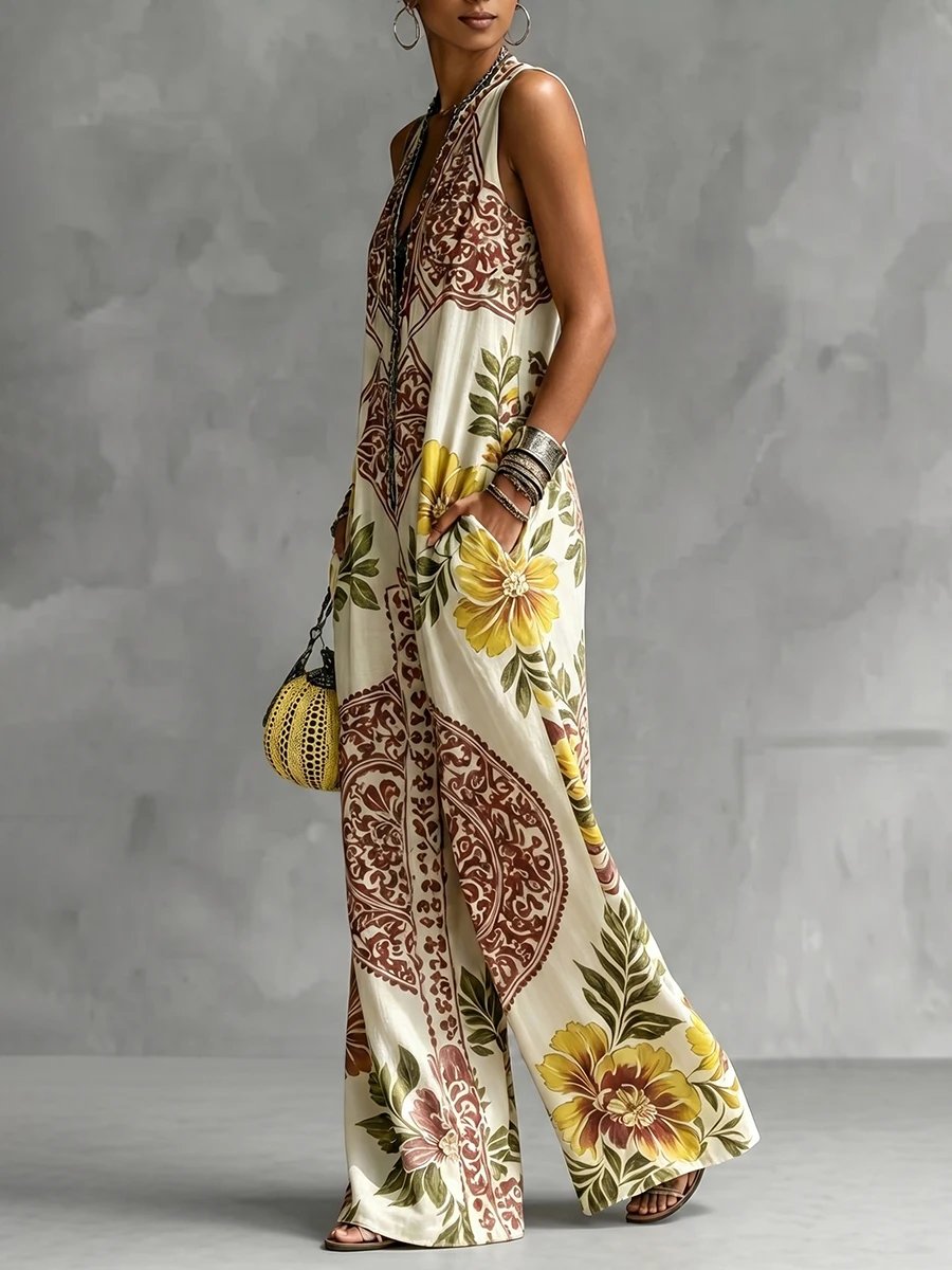 Missuoo Women's Casual Bohemian Floral Print Jumpsuit Deep V-neck Sleeveless Wide Leg Full Length One-piece Suit Vacation Outfit view 4
