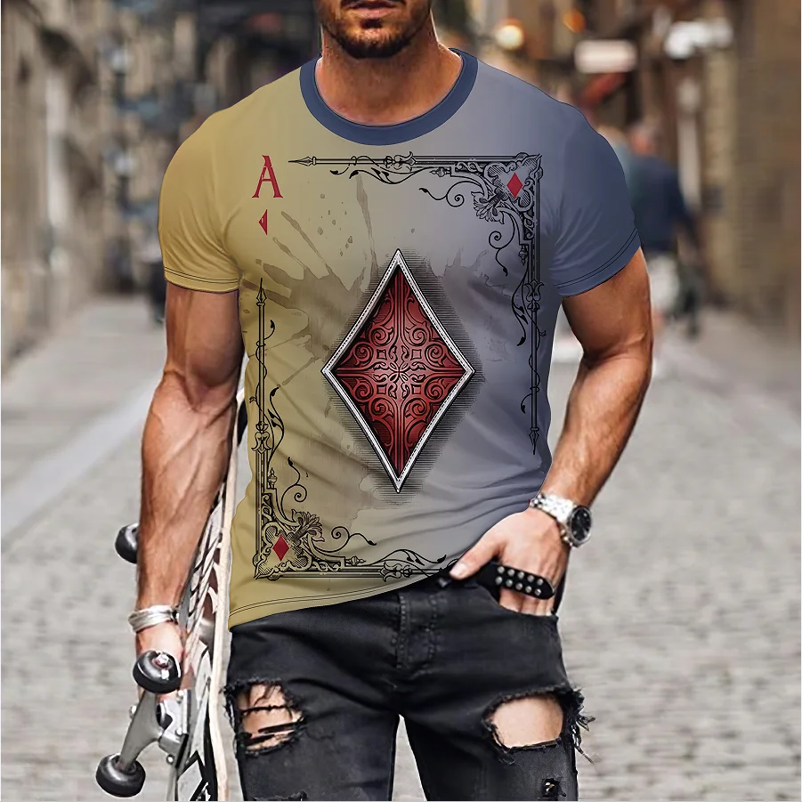 Men\'s Punk Style Short Sleeve Imitation T-shirt Vintage Poker Pattern Printed Top T-shirt Men\'s Street Wear