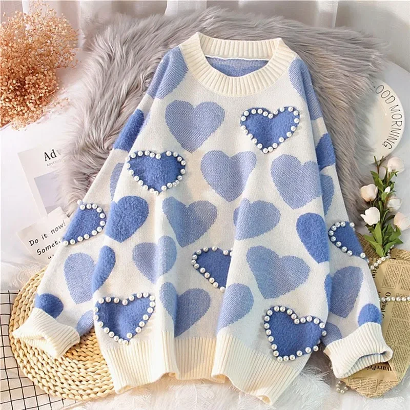 Autumn Heart Leopard Print Knit Sweater Elegant Pearl Beaded Women Sweet Casual Sweaters Winter Warm O Neck Long Sleeve Pullover