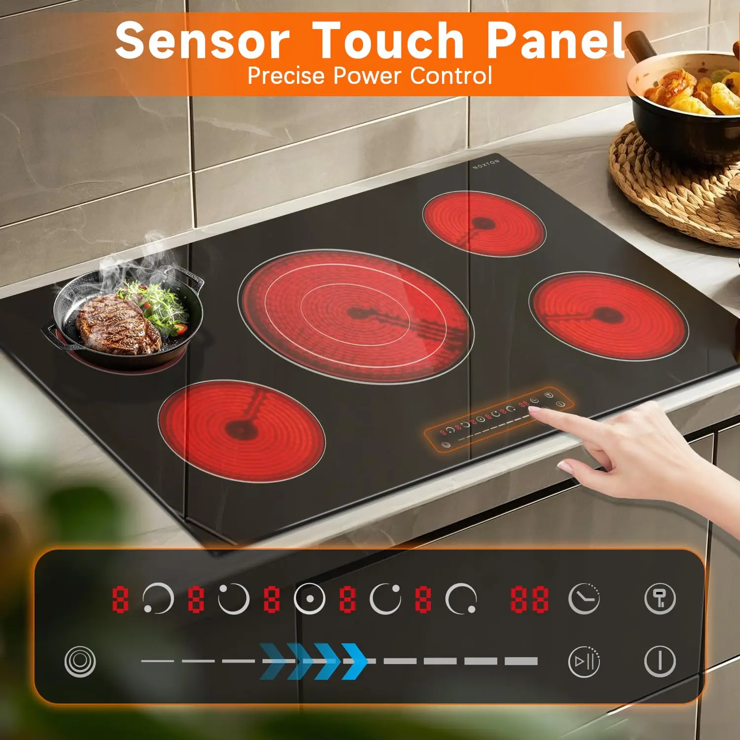 โนกซ์ตันเตาไฟฟ้า 36 นิ้ว 5 หัวเตา, เตาไฟฟ้าในตัว 9200W, องค์ประกอบสามตัว, ตัวจับเวลา, ล็อคเด็ก, 220-240V แข็ง