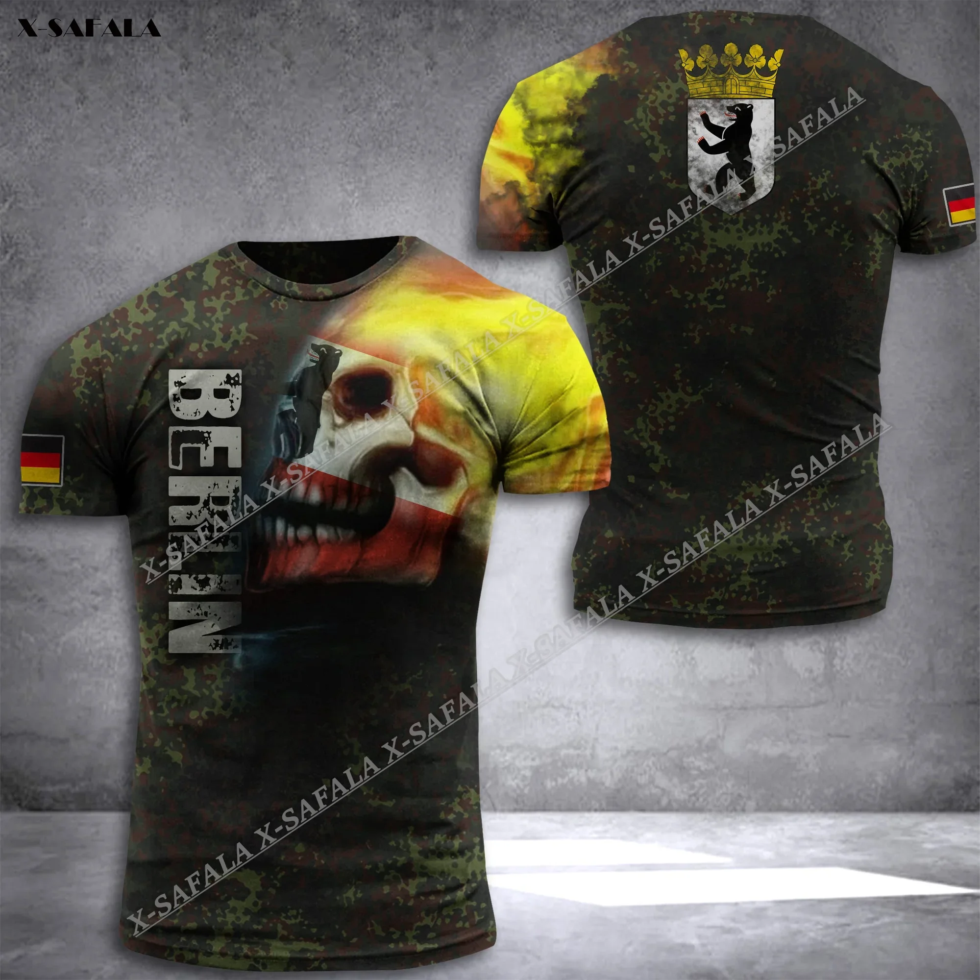 Custom Text German  City Berlin Skull Camo Soldier ARMY VETERAN Flag 3D Printed High Quality T Shirt Summer Men Casual Top Tee