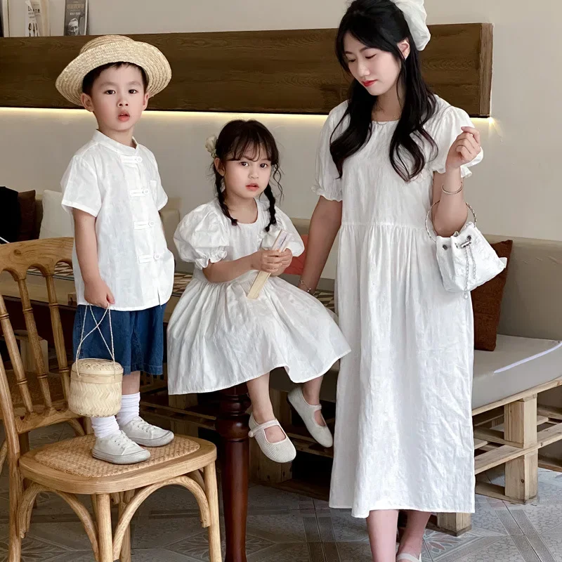 Mother Daughter White Dress Matching Clothes for The Whole Family New Chinese Style Father Son Children Shirts Tops 2024 Summer