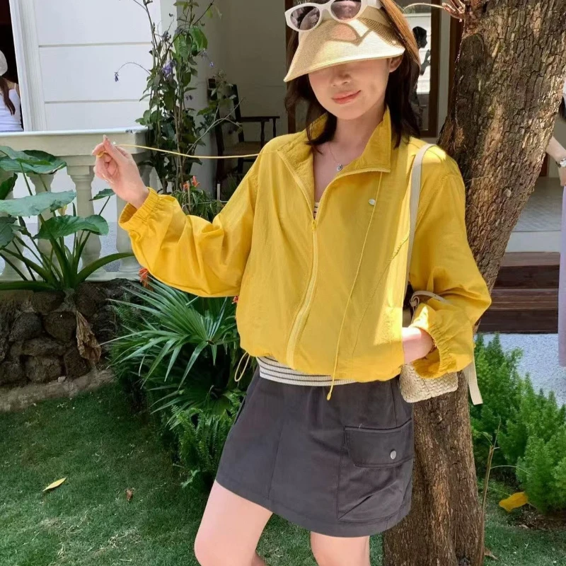 

Summer Autumn Bomber Jacket Women Zipper Crop Top Loose Sweatshirt Long-sleeved Outdoor Jacket Sun Protection Lightweight Coat