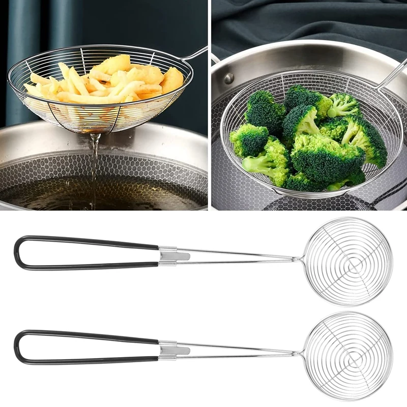 10 buah sendok saringan Hot Pot, saringan Stainless Steel, sendok saringan Mesh Skimmer sendok saringan dengan pegangan