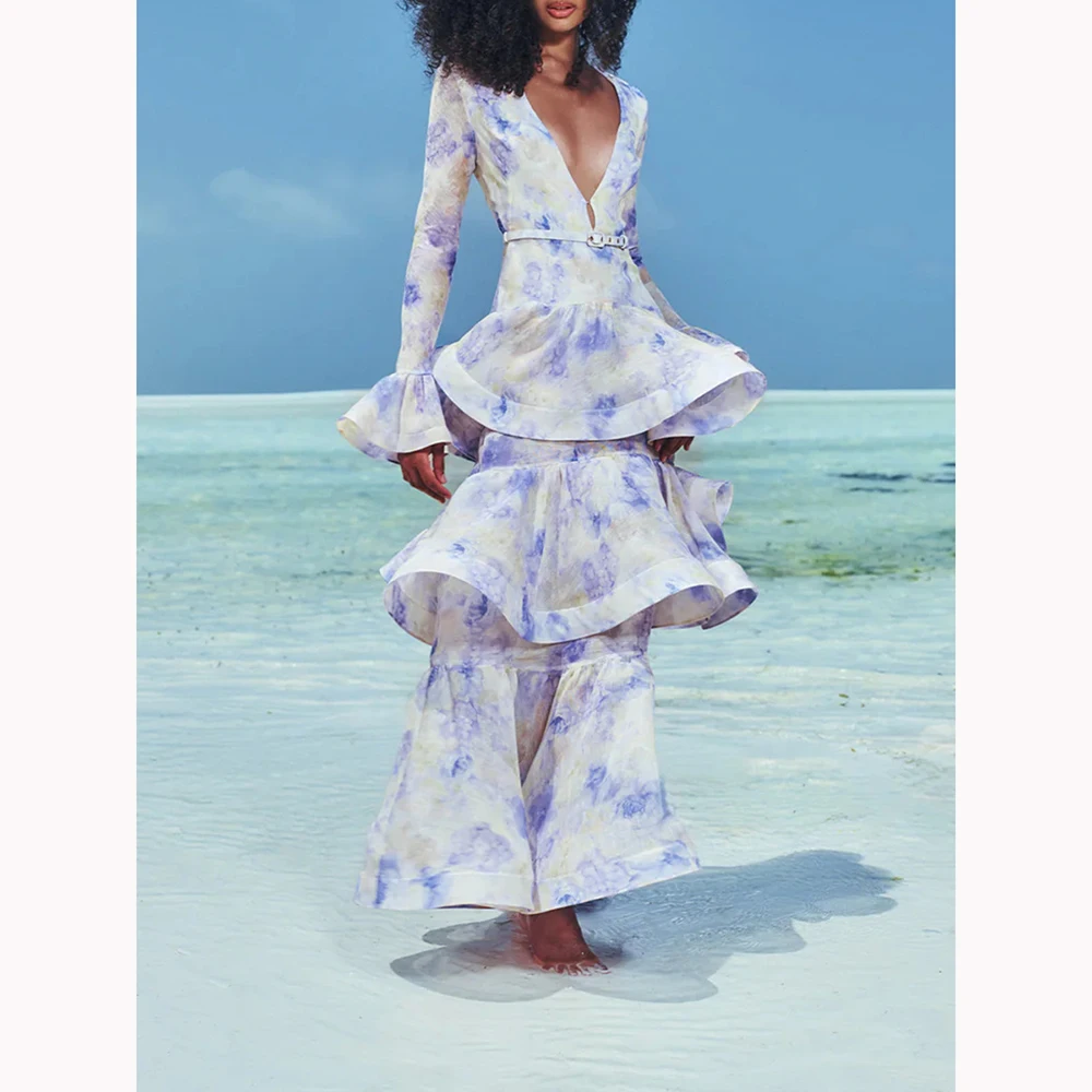 

2025 Summer Women Dress Deep V-Neck Floral Ruffle Tiered Maxi Dress Bell Sleeve Slim Elegant Temperamental Party Dress