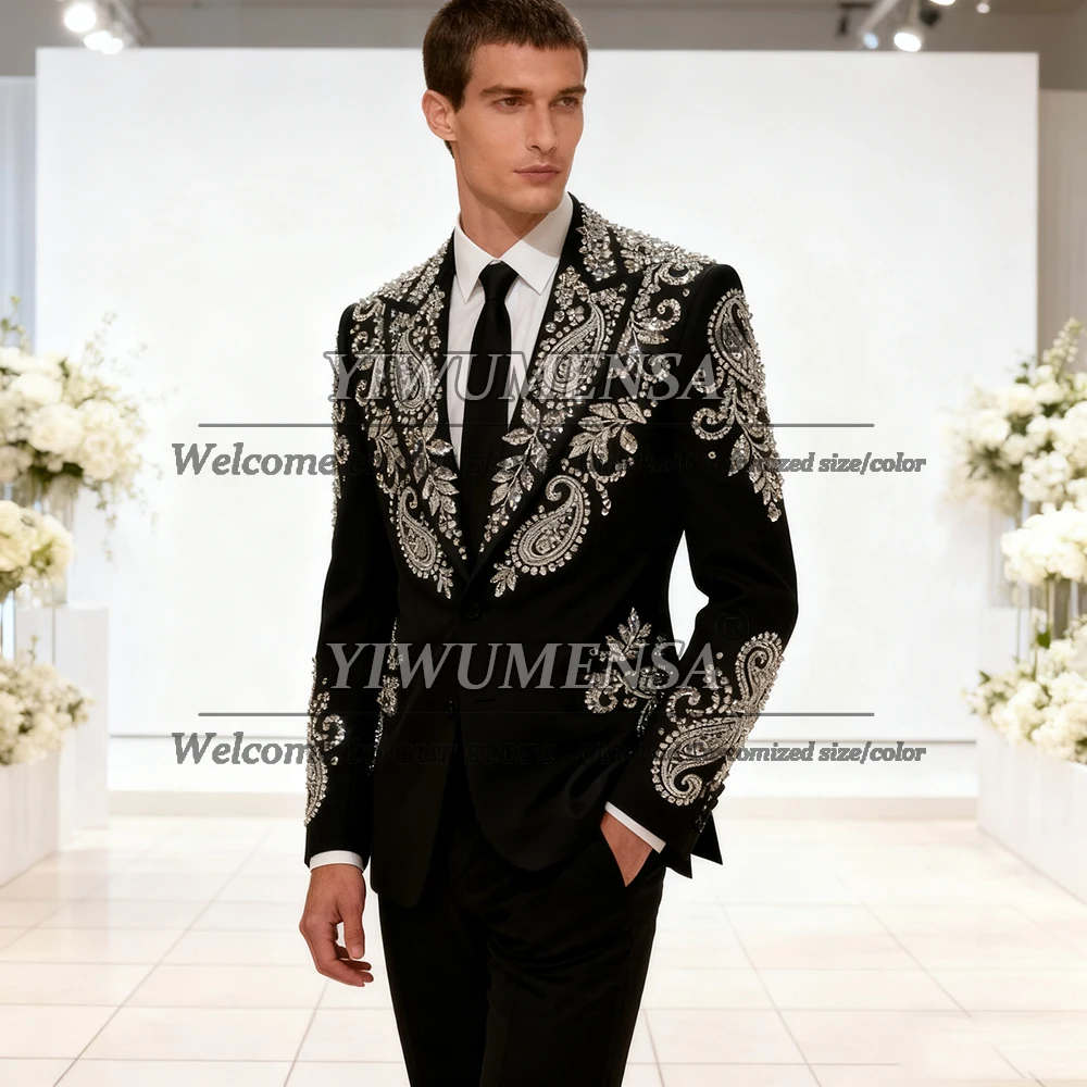 

Men's Glitter Crystal Beaded Wedding Suit 2 Pieces Sets Single Breasted Jacket Customized Groom Tuxedo With Pants Banquet Attire