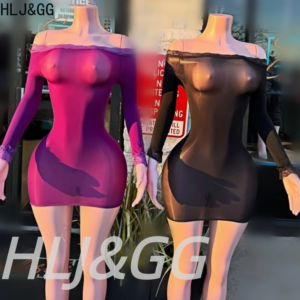 

HLJ&GG Fashion Y2K Mesh See Through Bodycon Mini Dress Women Off Shoulder Long Sleeve Slim Vestidos Sexy Club Party Dresses 2026