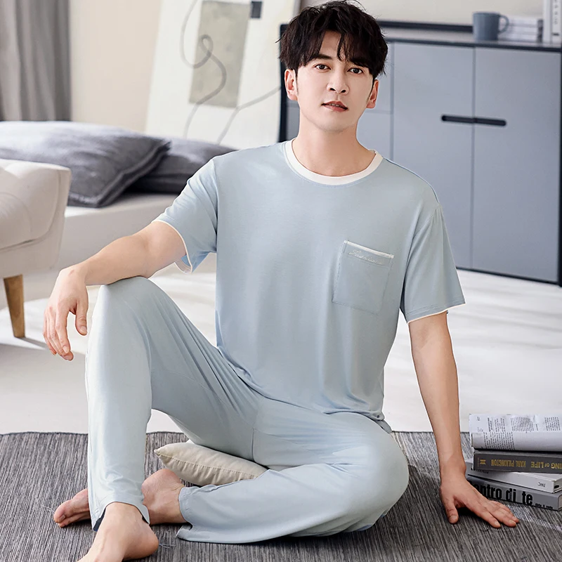 New Modal Lounge Wear Sleepwear Pyjamas Mens Short Sleeve Long Pants Pajamas Set Sleepwear Leisure Suits Nightwear Men Homewear