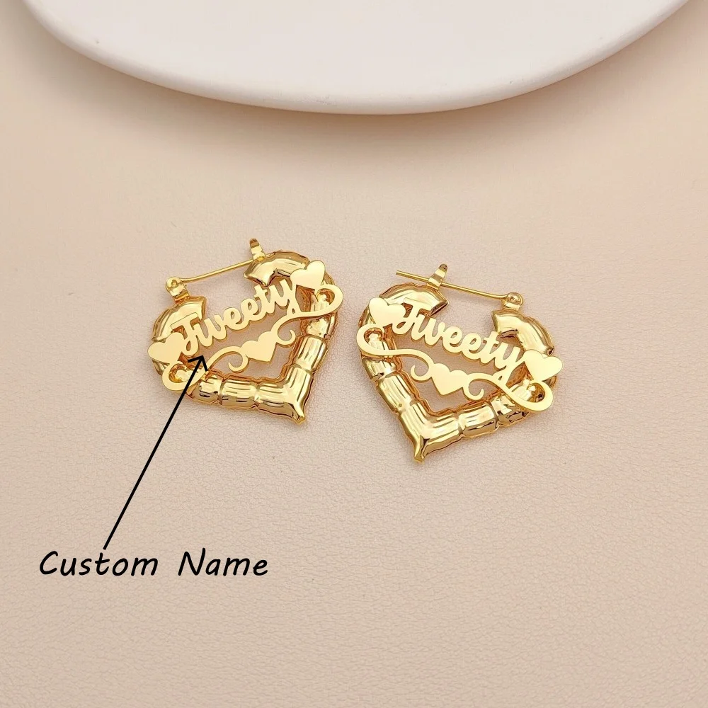 

Custom Peach Heart Bamboo Earrings for Women Name Earrings Personalized 18K Gold Plated Custmized Gifts for Mom Grandma Women