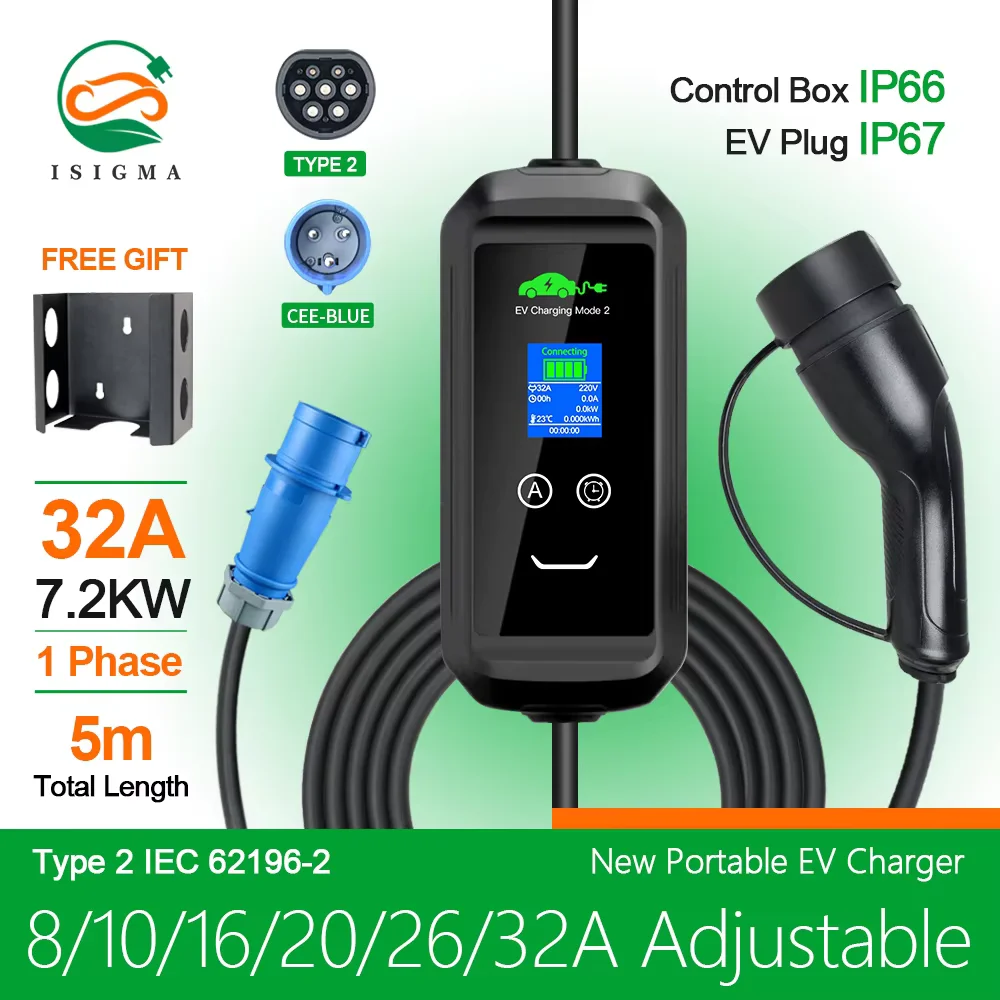 ISIGMA EV Charger 32A 7.2KW GBT Electric Vehicle Car Charger EVSE Type2 EU Plug Cable for IEC62196-2 Socket