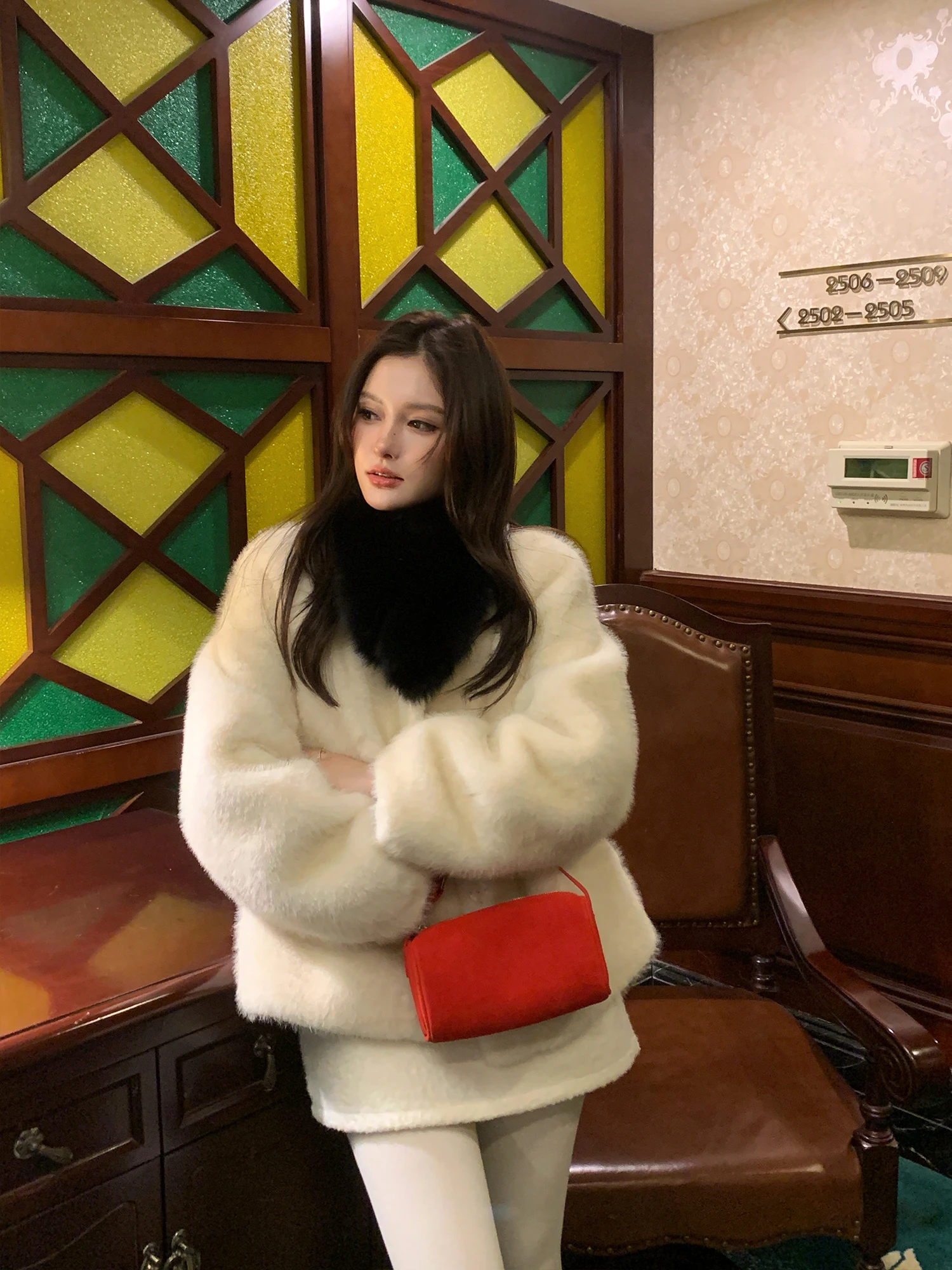 

Velvet Fur Collar ort Coat Women's Winter Warmth Eco-friendly Synthetic Fur Outerwear Korean Sle Loose Fit round Ne