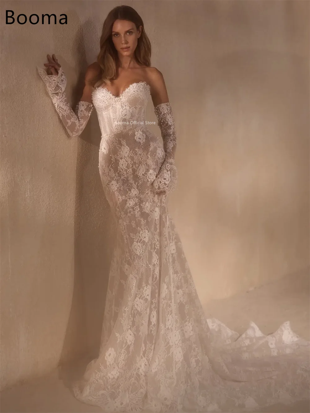 Booma حورية البحر بدون حمالات مزين بالدانتيل فساتين زفاف أنيقة بدون أكمام فستان عرائس طويل مصنوع حسب الطلب 2025