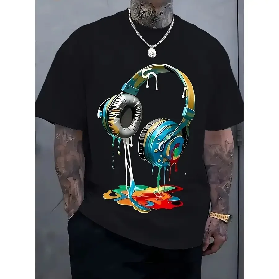 Men'S Casual Streetwear T-Shirt Featuring a Lively Design of Headphones And Paint Splatters, Made from Breathable Polyester Fab