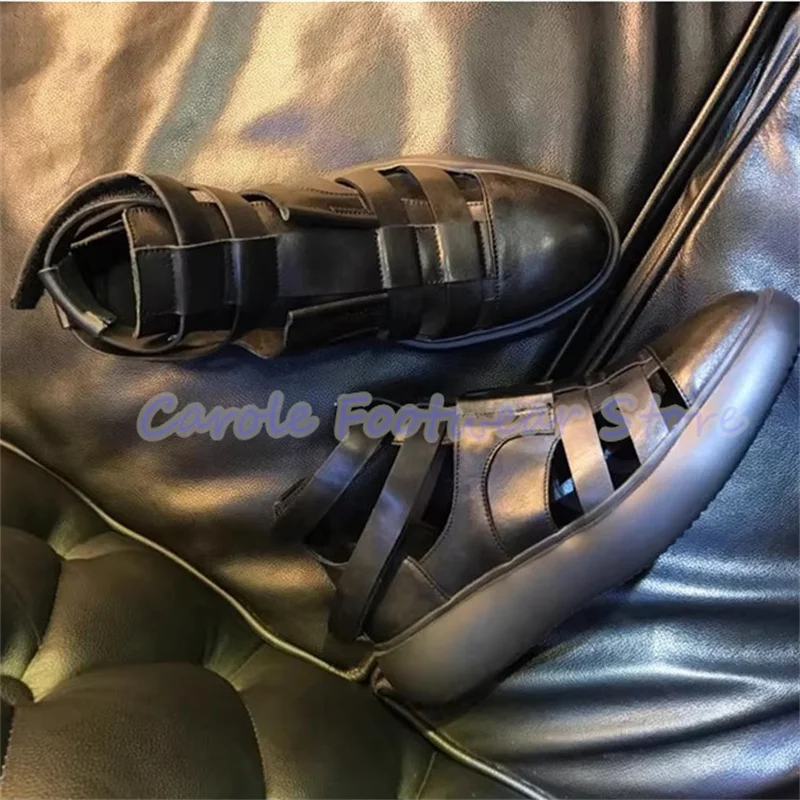 

Мужские летние ботинки Roman Weaving: черные кожаные полуботинки с вырезами, на массивной подошве, высокие, с узким ремешком