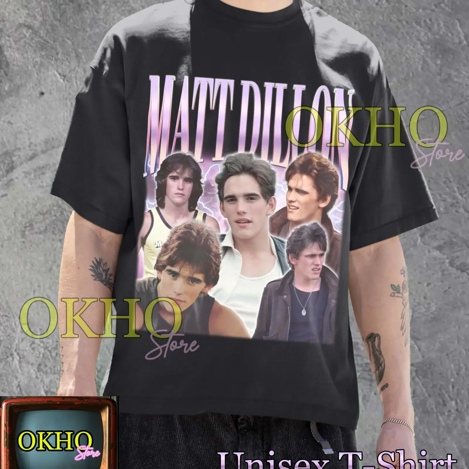 Camiseta Matt Dillon Retro Collage vintage lavada, streetwear masculino, roupas de designer, respirável, com estampa gráfica.